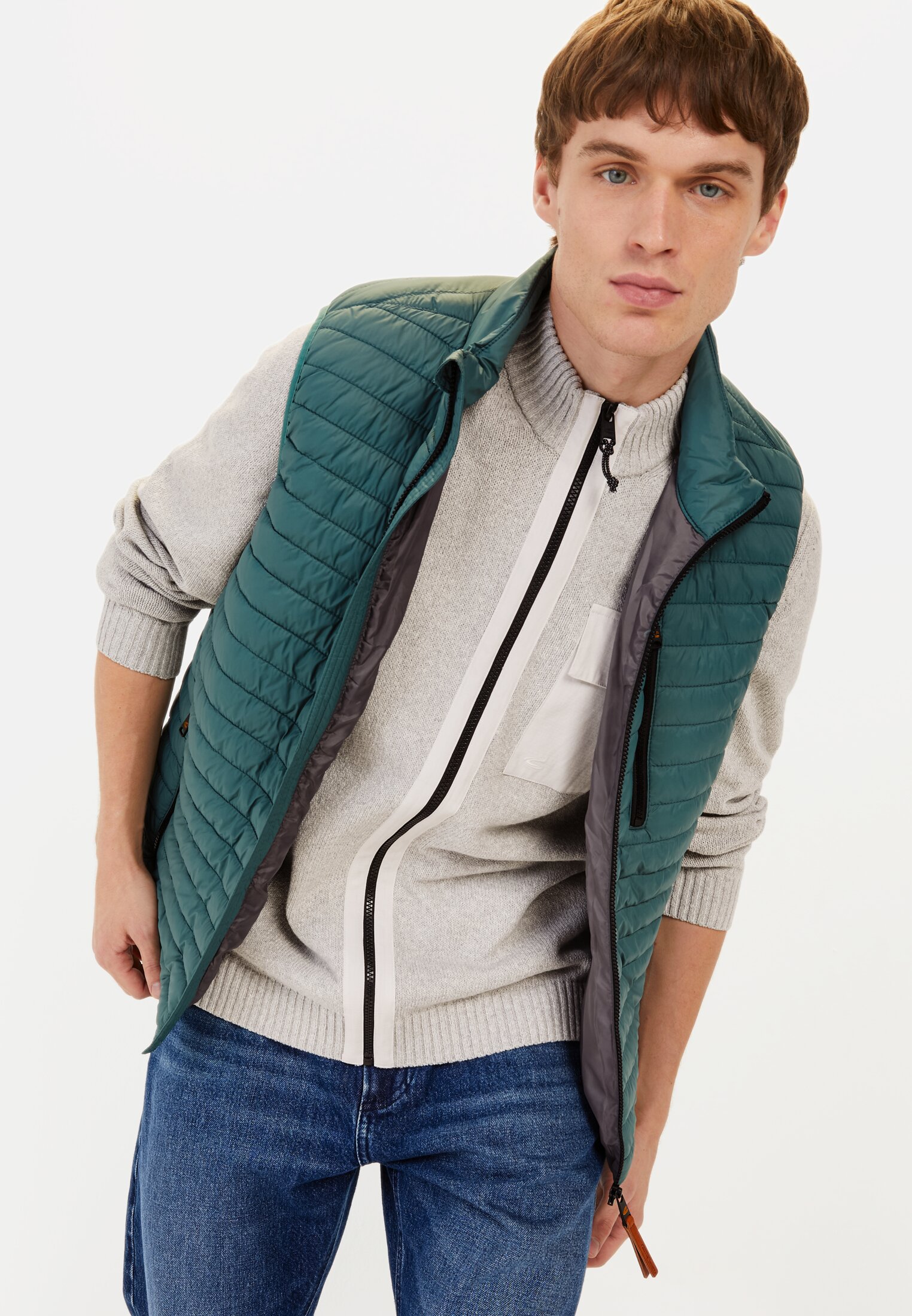 Men Quilted vest with stand-up collar Dark green worn emotional