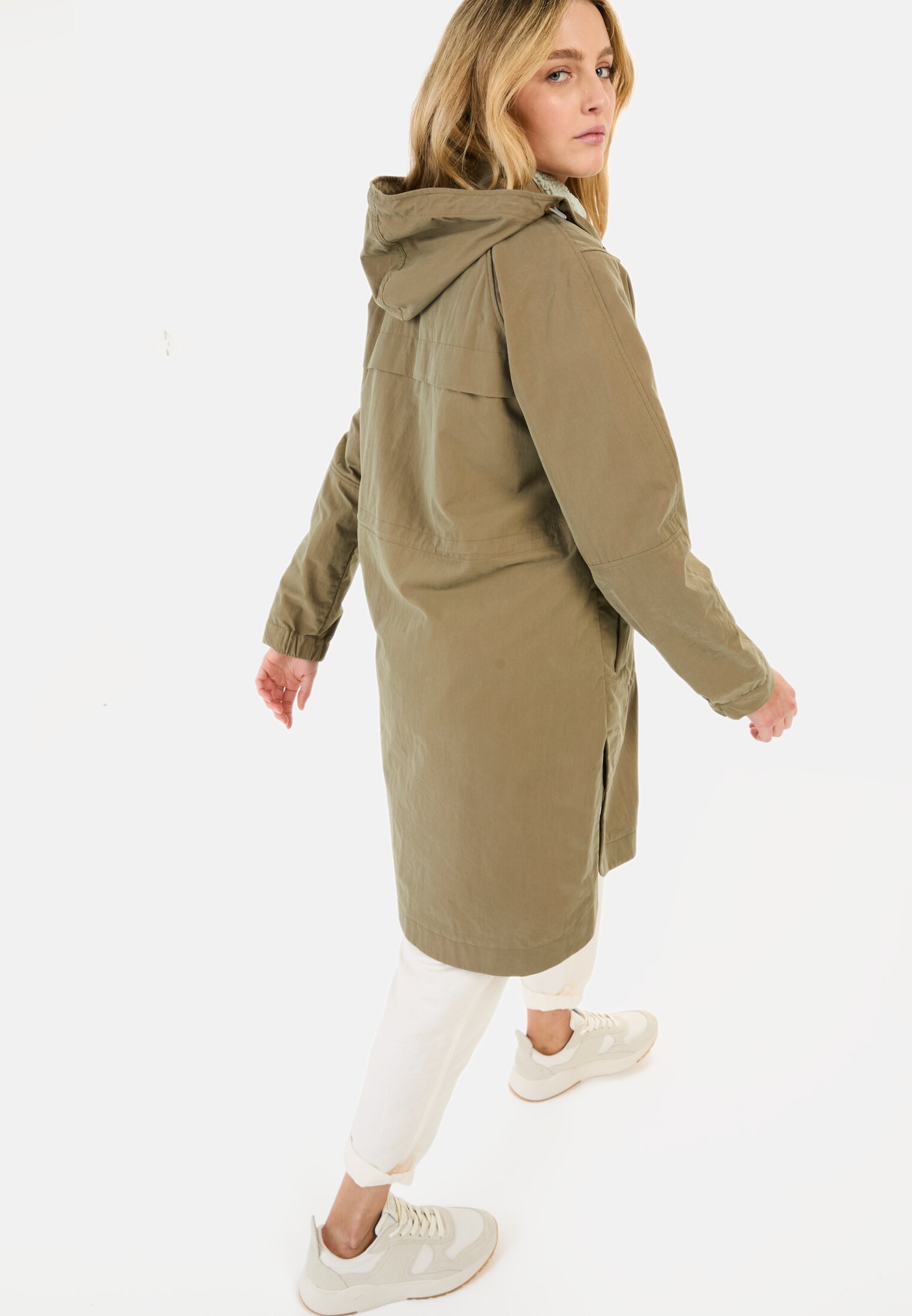 Damen Langer Parka mit verstellbarer Taille Khaki getragen emotional