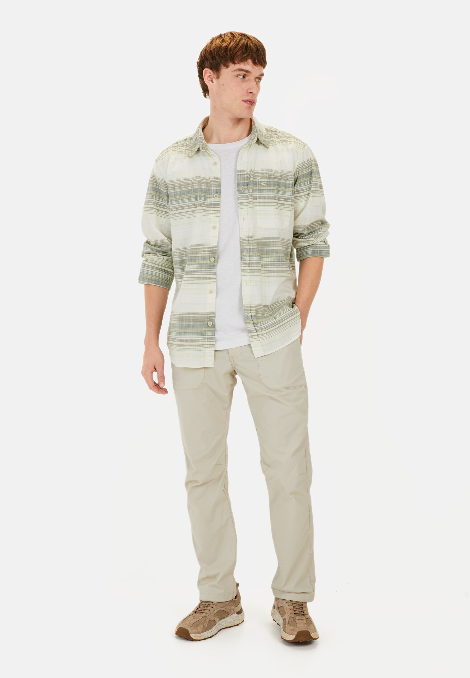 Men Striped shirt made of pure cotton Green worn front full body