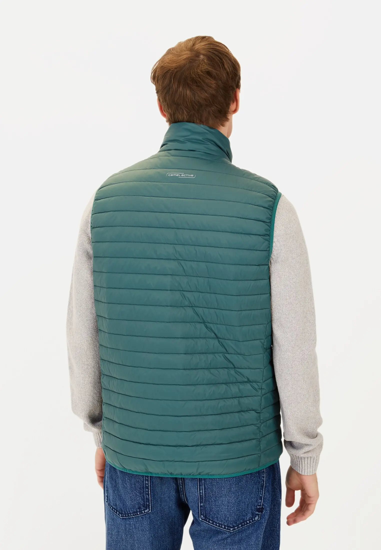 Men Quilted vest with stand-up collar Dark green worn back