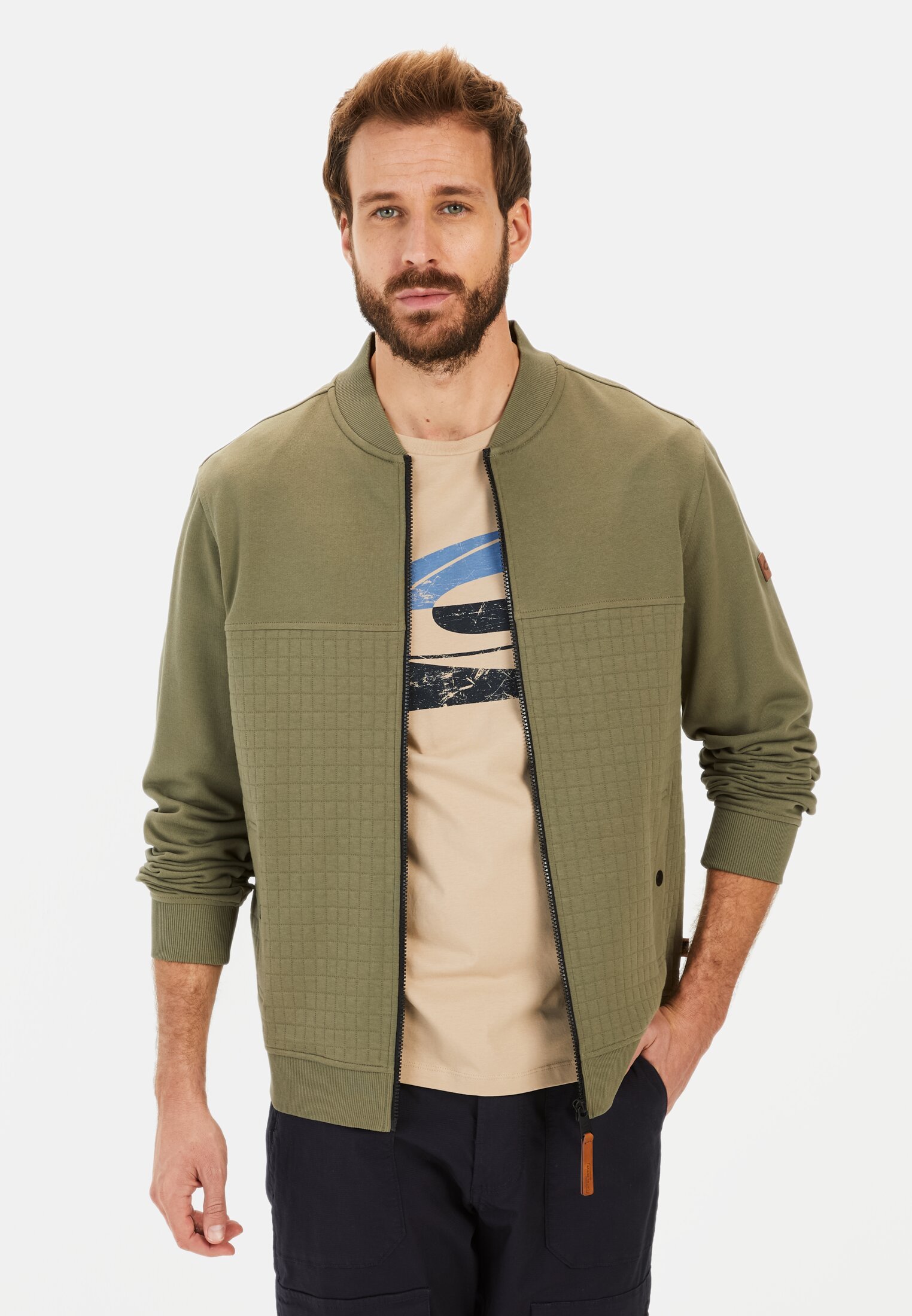 Men Sweat jacket with stand-up collar Dark Green worn front