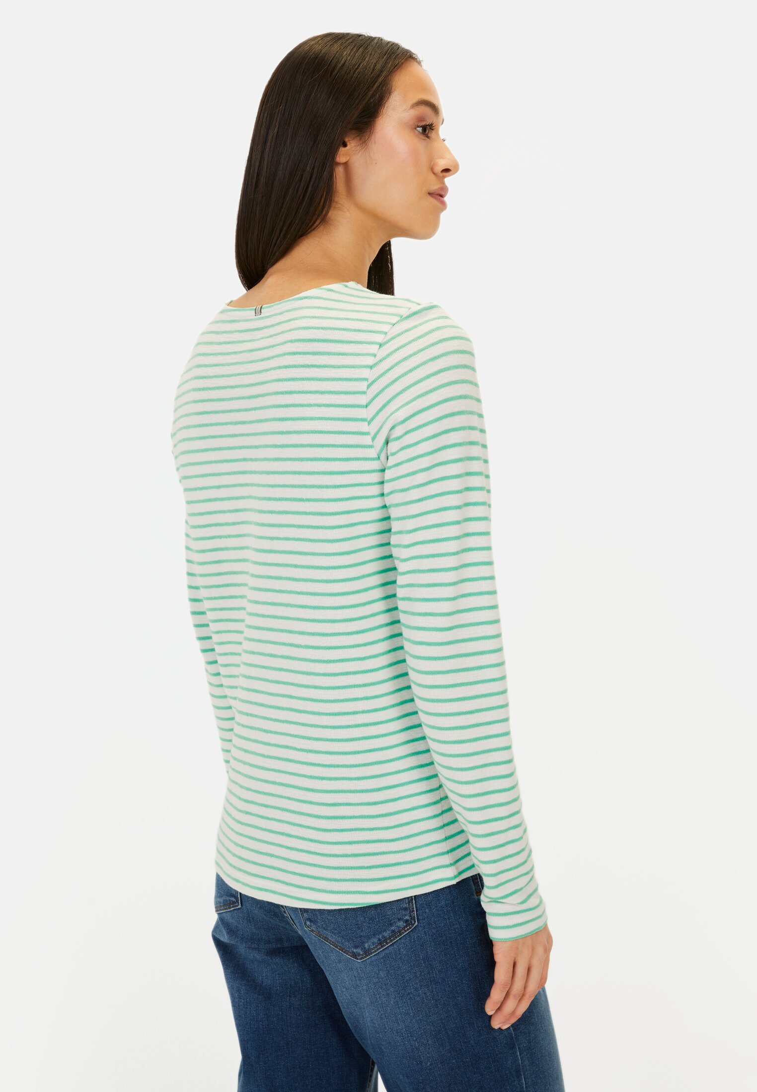 Women Long-sleeved shirt with a crew neck Green-White worn back