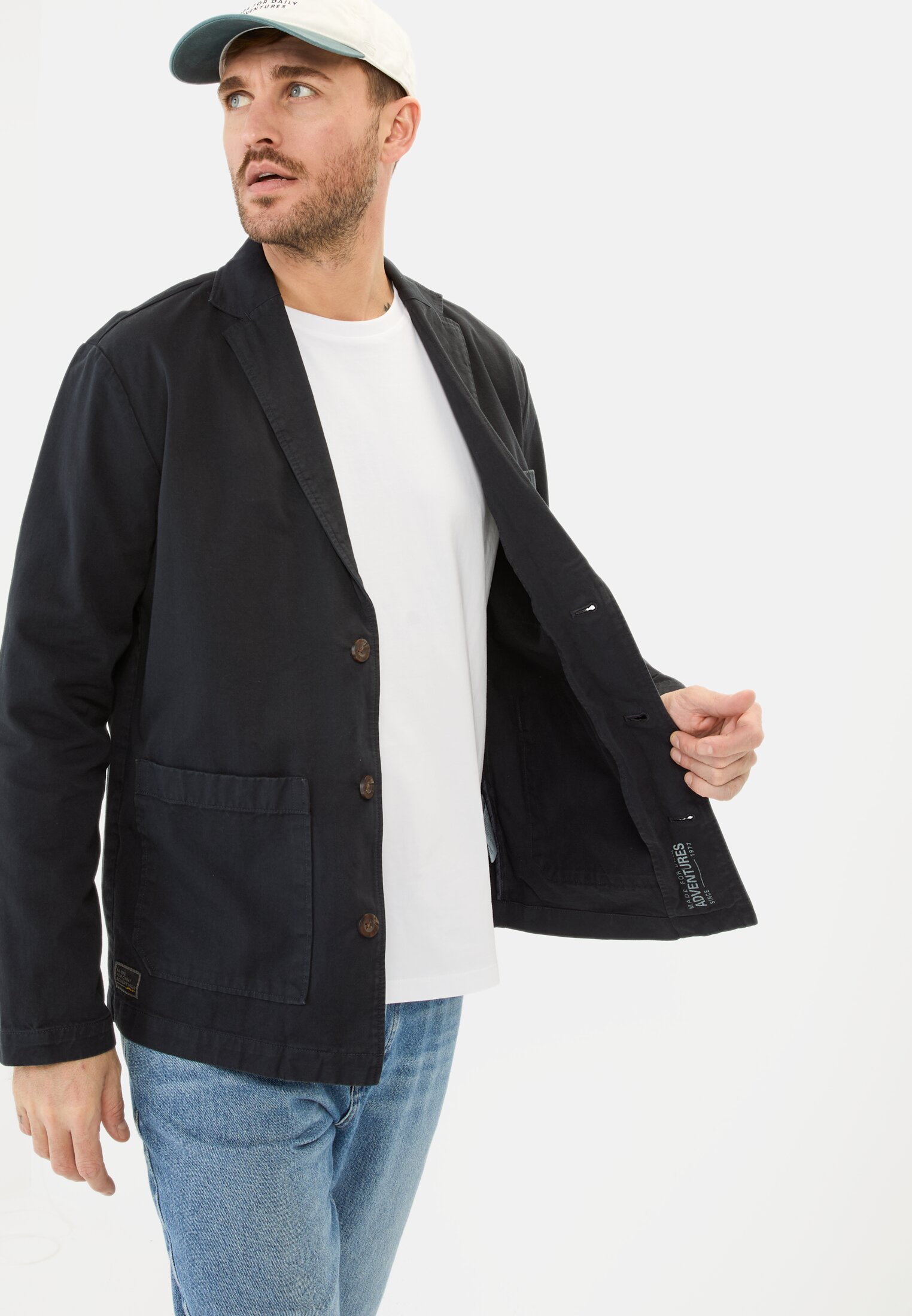 Men Blazer made of pure cotton dark blue worn emotional