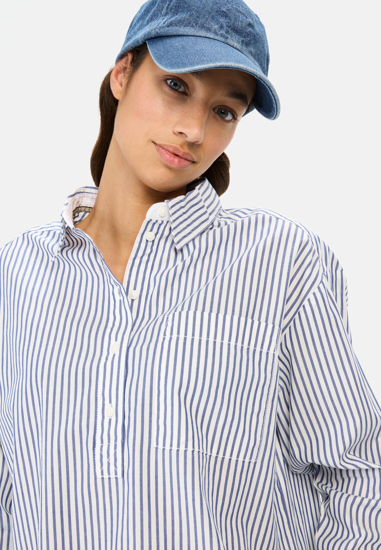 Women Striped blouse made of cotton Light Blue worn detail close