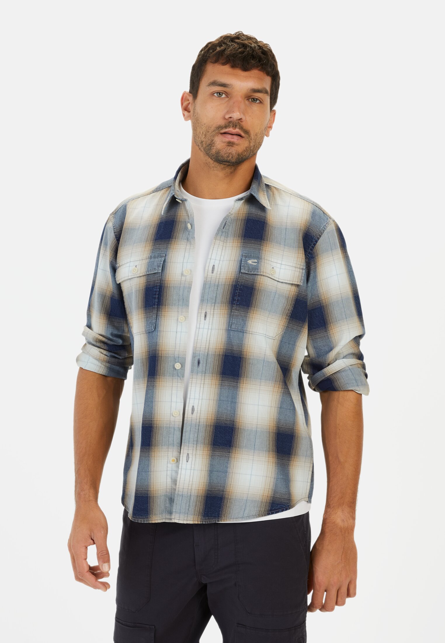 Men Regular fit long sleeve shirt made of cotton Blue-Beige